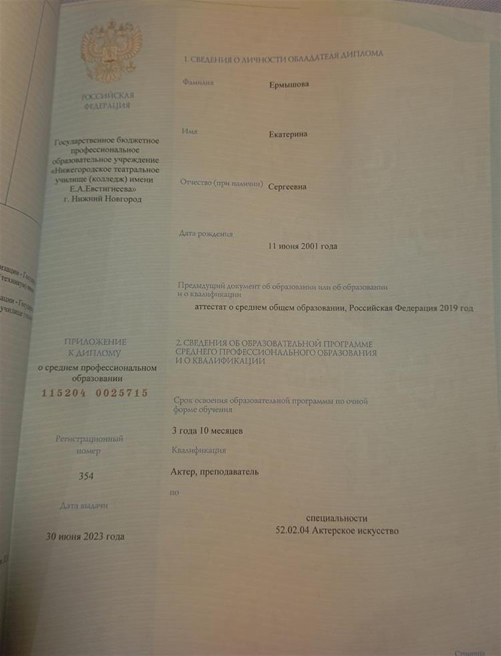 Диплом о среднем профессиональном образовании. Актёр, педагог