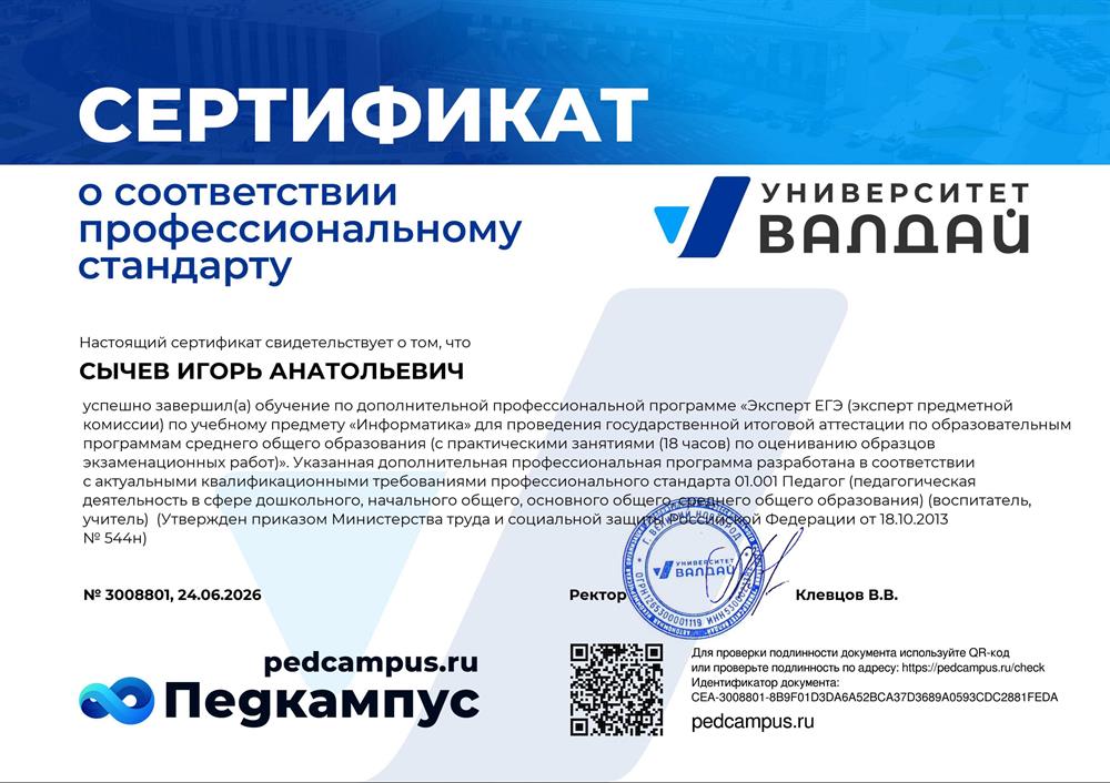 Сертификат эксперта ЕГЭ по информатике