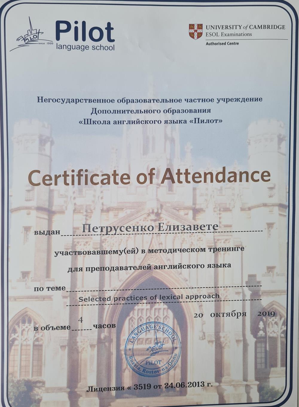 Сертификат. Тренинг по обучению лексике