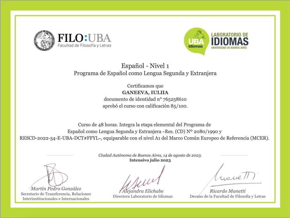 Сертификат. UNIVERSIDAD DE BUENOS AIRES - ESPANOL PARA EXTRANJEROS