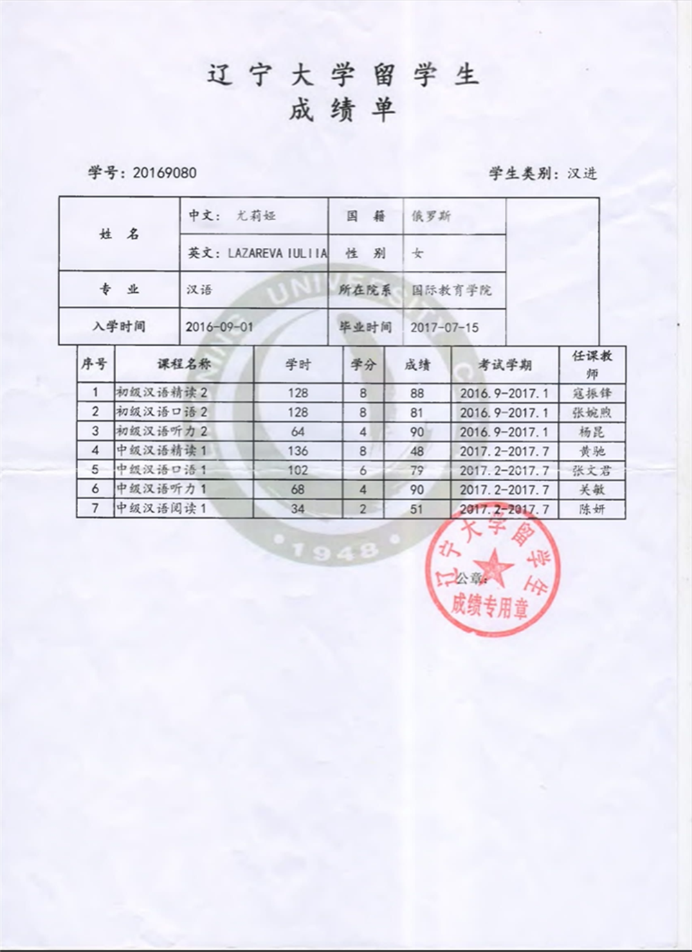 Диплом Liaoning university, Shenyang