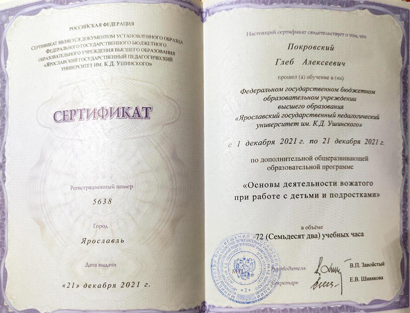 Сертификат свидетельствующий о получении дополнительной общеразвивающей образовательной программе "Основы деятельности вожатого при работе с детьми и подростками" 