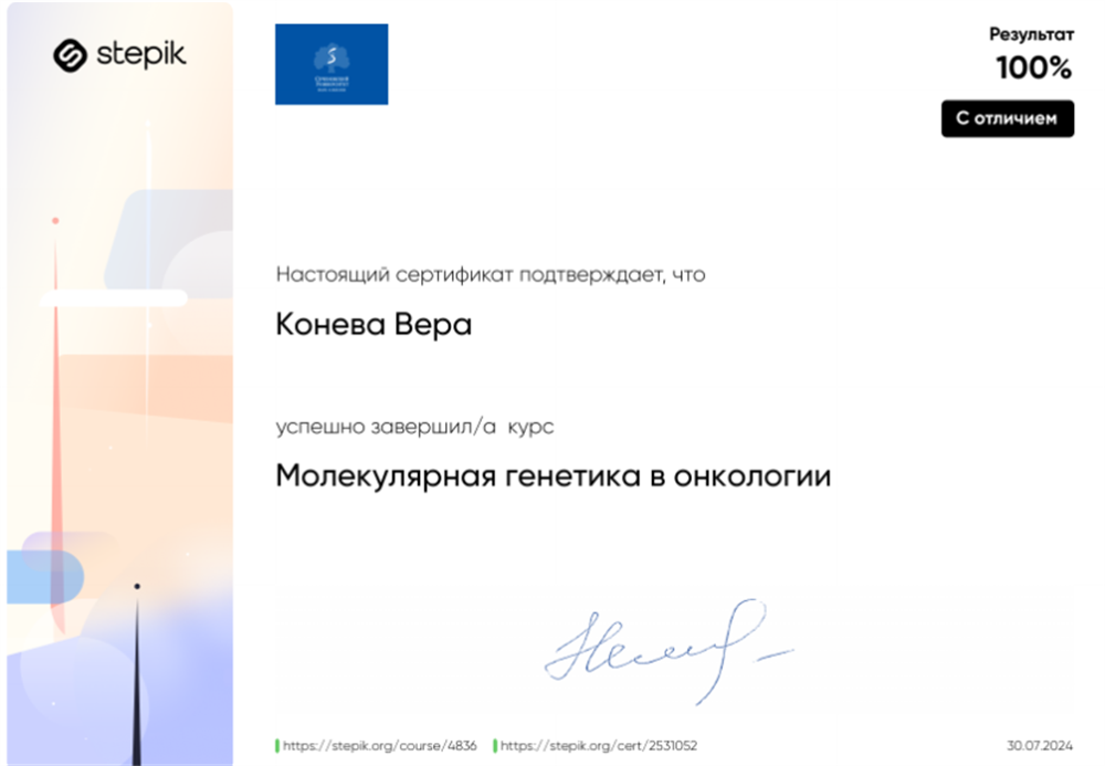 Сертификат  о прохождении дополнительных курсов