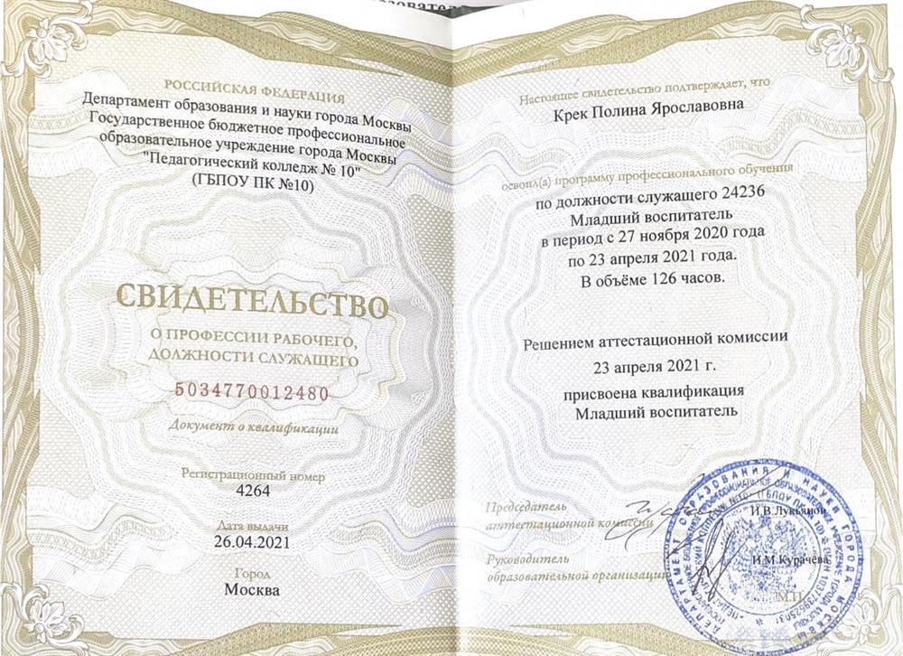 Свидетельство «Младший воспитатель»