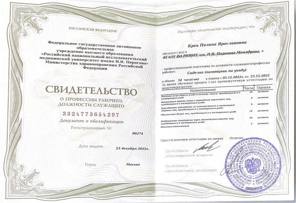 Свидетельство «Сиделка (помощник по уходу)»
