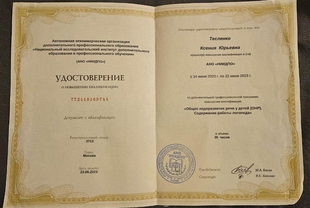 Удостоверение ОНР (Общее недоразвитие речи)