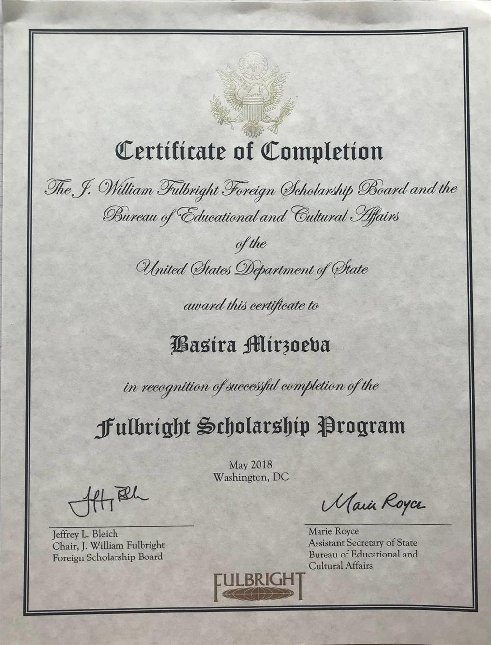 Сертификат   о прохождении международной стипендии Fulbright. USA. Преподвала русский язык  американским студентам. Изучала языки и историю Америки.