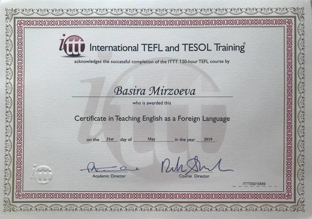 Сертификат TEFL -120  hours  course .Международный сертификат о прохождении курса для преподавателей английского языка как иностранного.
