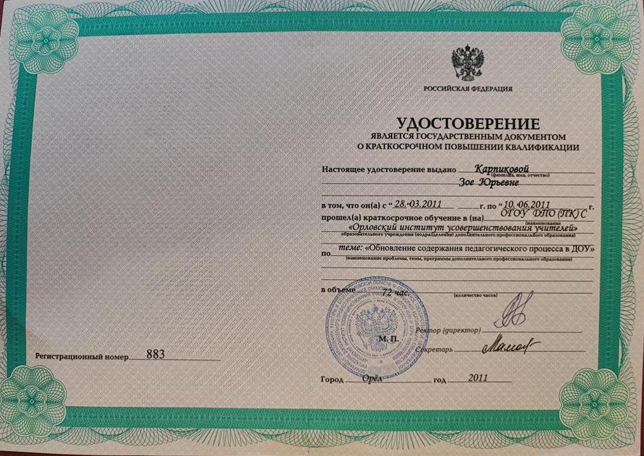 Удостоверение. Педагогический процесс в доу