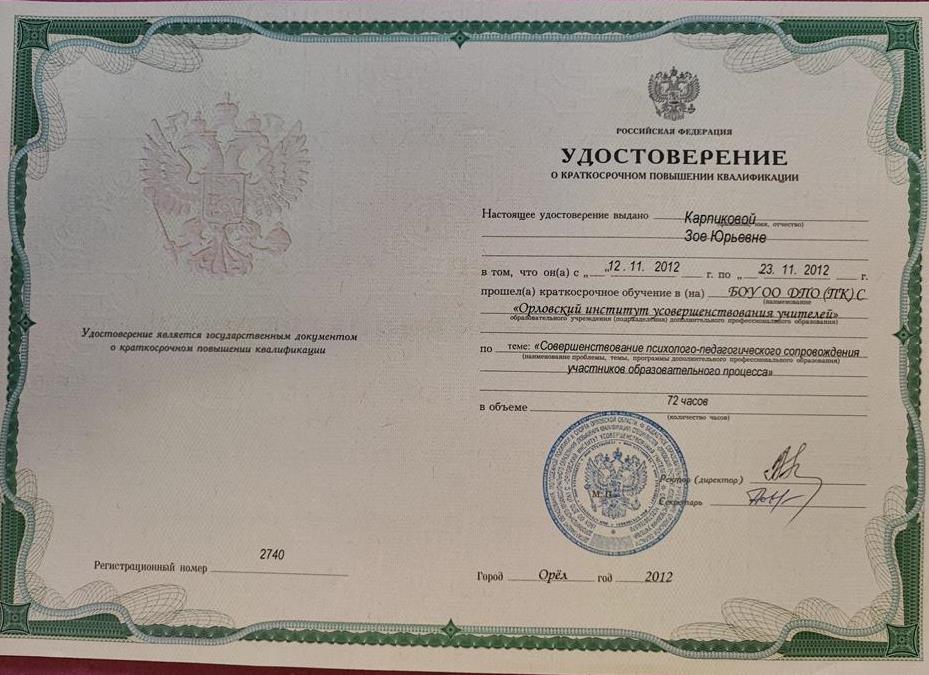 Удостоверение. Инклюзивное образование