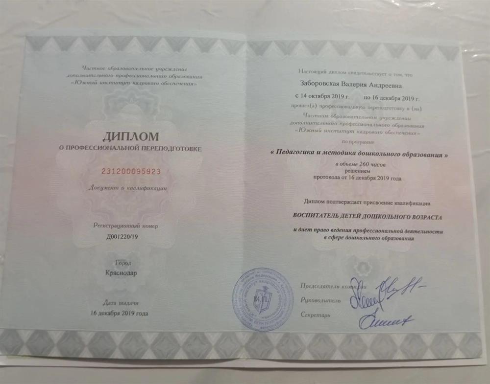 Диплом. Воспитатель детей дошкольного возраста