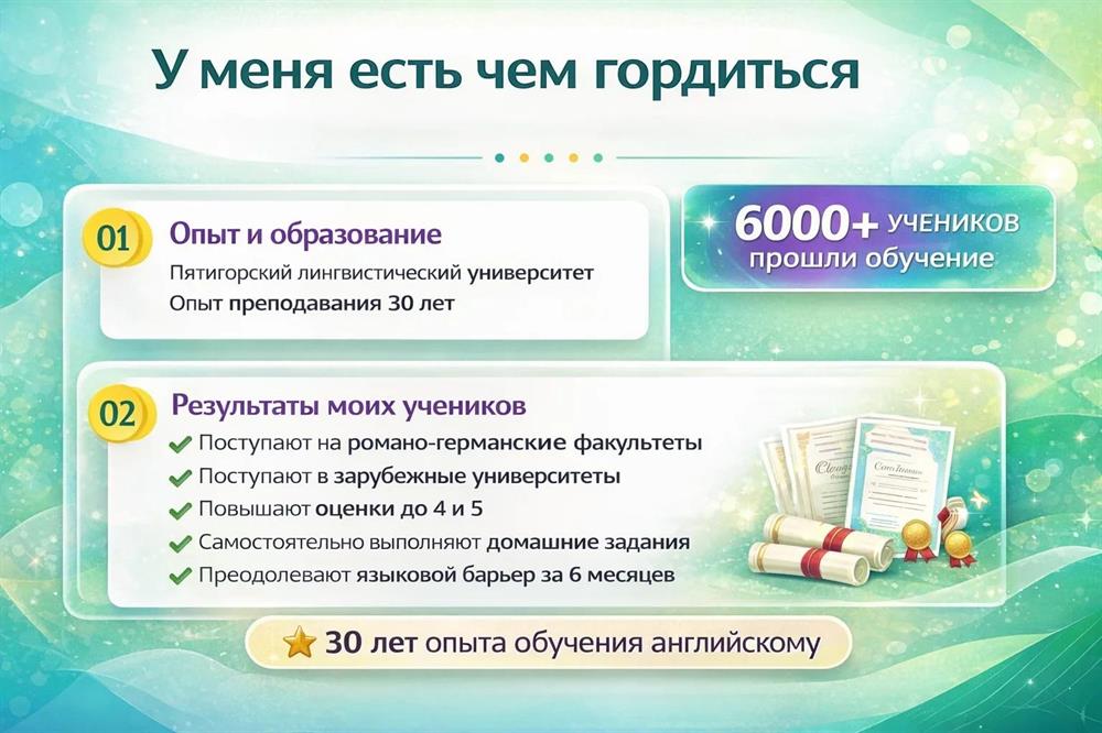Обучила 6.000 учеников:
Многие мои ученики получают стабильные 4 и 5.
Поступают на языковые факультеты.
Преодолевают языковой барьер за 6 месяцев
