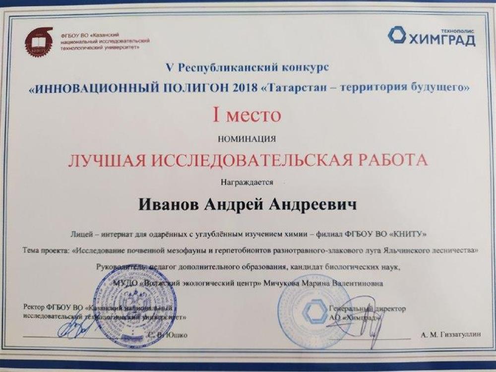 Диплом I степени "Лучшая исследовательская работа" V Республиканского конкурса "Инновационный полигон 2018 "Татарстан - территория будущего"", РТ, 2018