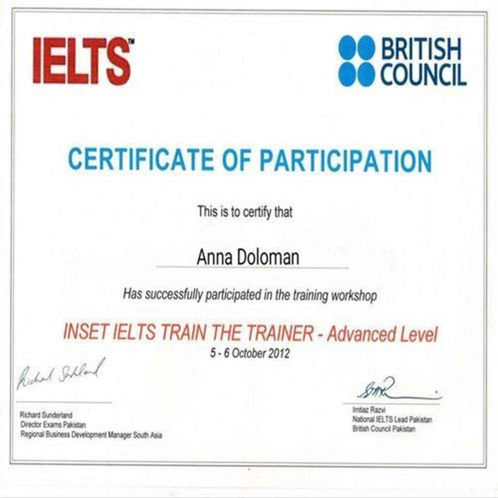 Международный сертификат IELTS (International English Language System -Международная система оценки знаний), продвинутый уровень.