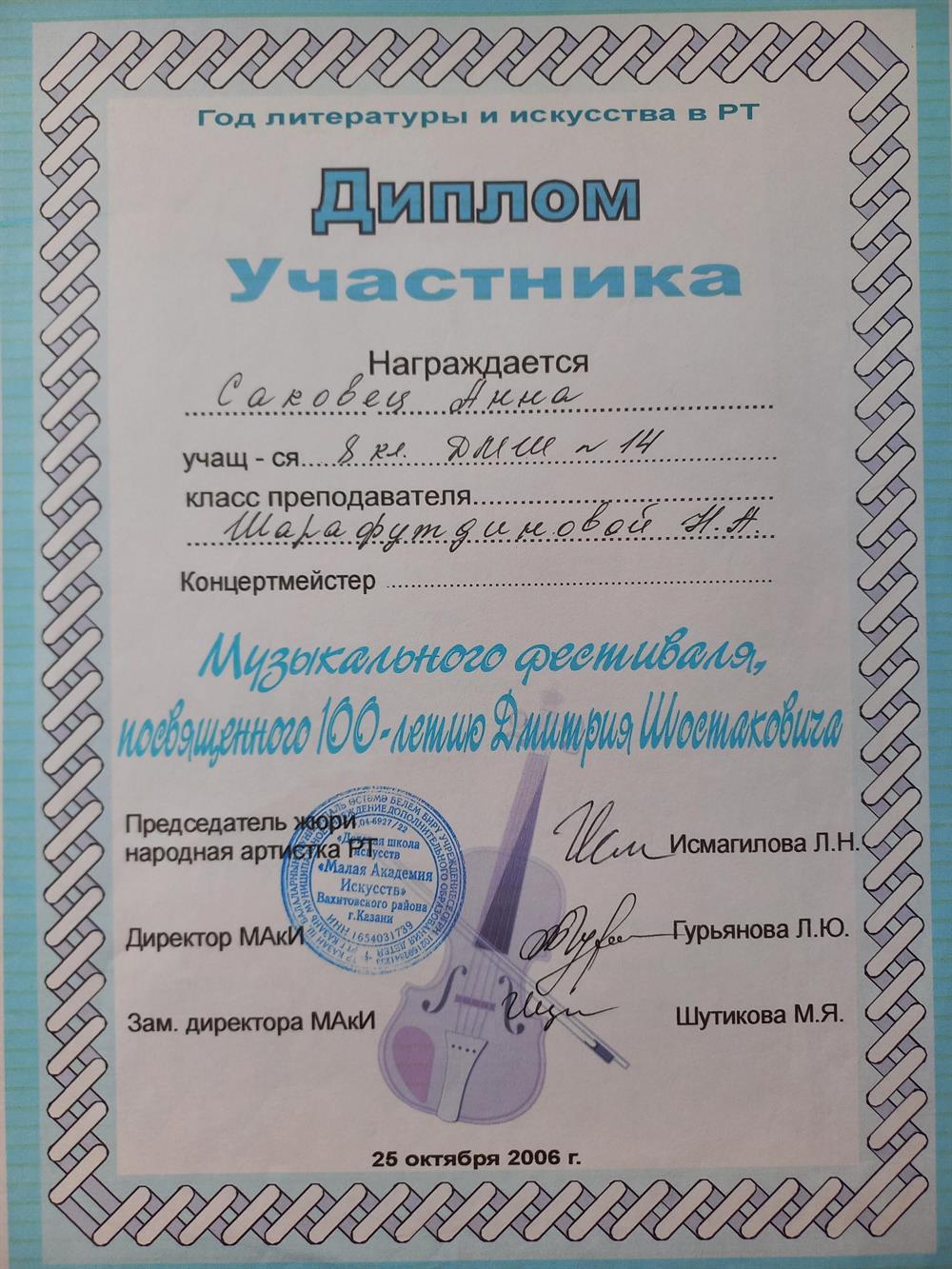 Диплом участника фестиваля