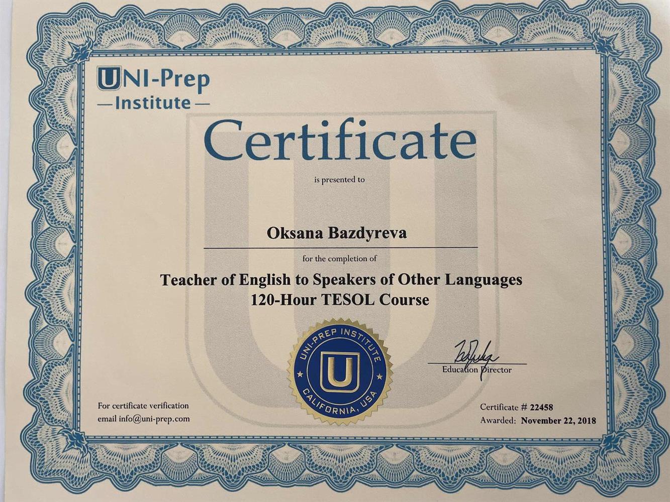 Сертификат. Teacher of English to Speakers of Other Languages, Uni-Prep Institute, California, 2018