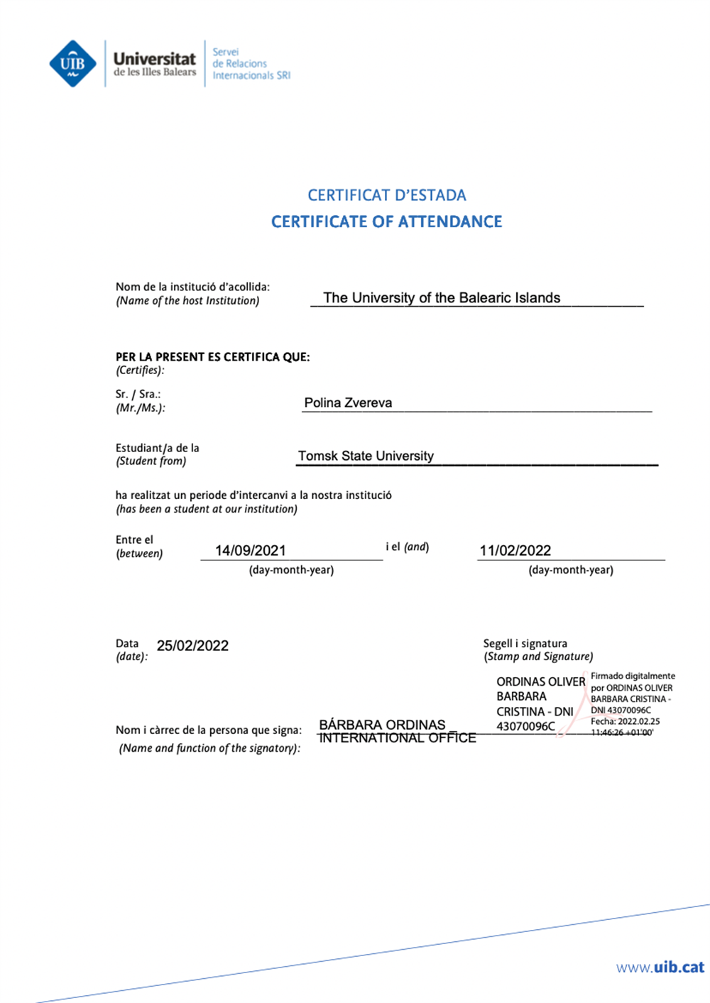 Certificate of Attendance UIB