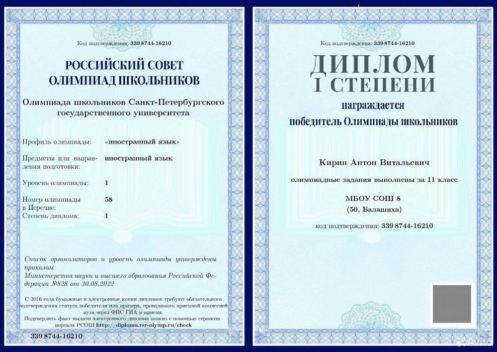 Диплом победителя олимпиады СПбГУ по китайскому языку || 2023г