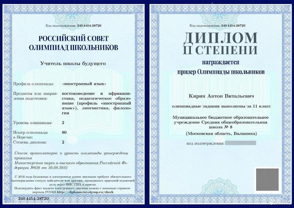 Диплом призёра олимпиады УШБ по китайскому языку || 2023 год