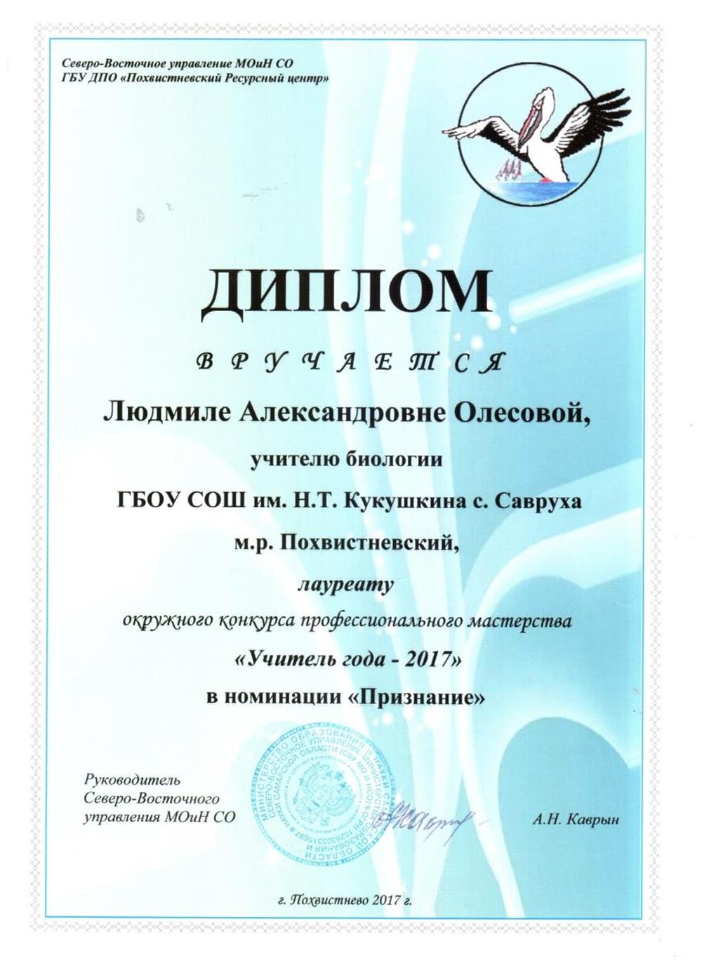Диплом Учитель года-2017