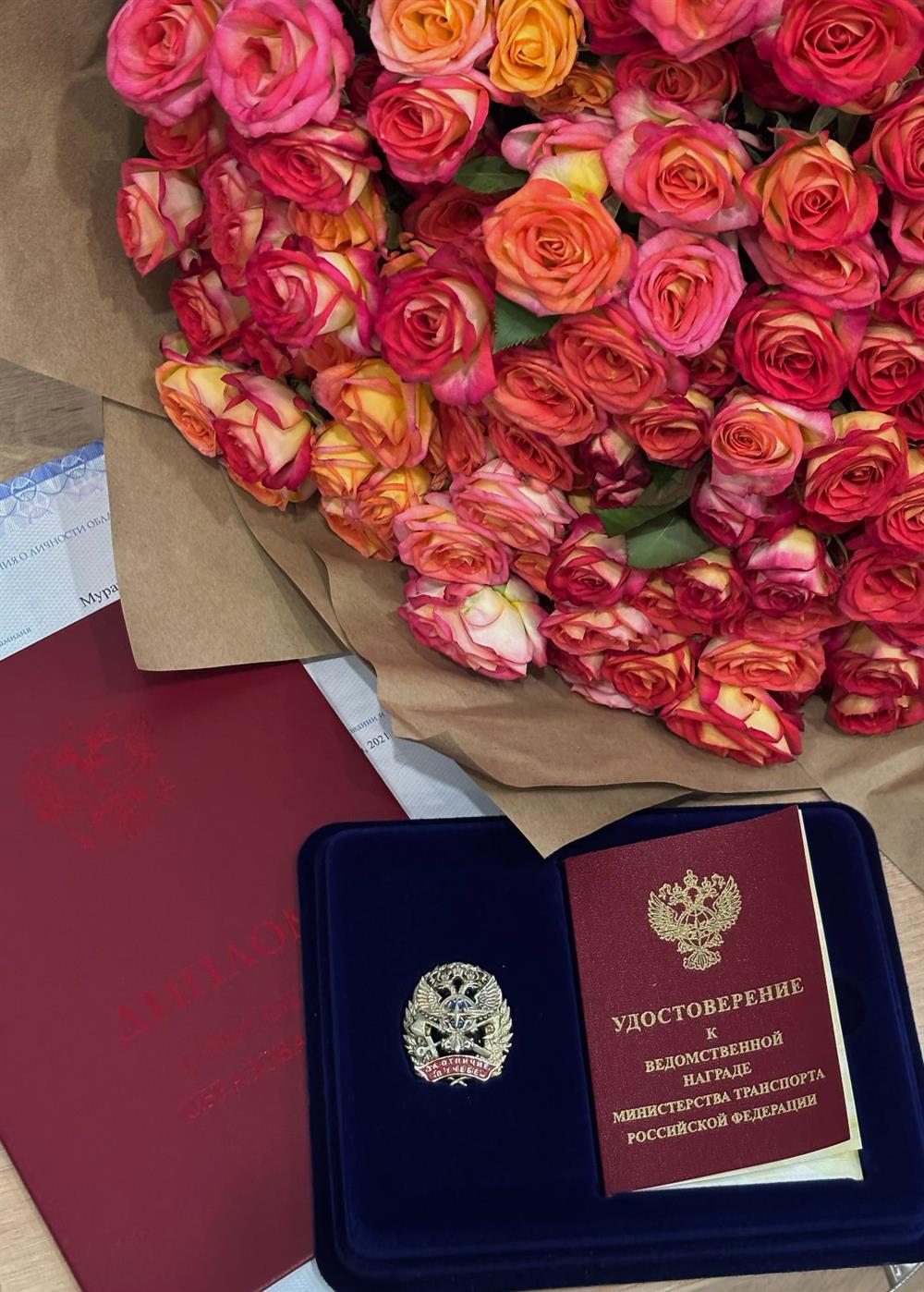 Диплом о высшем образовании, ведомственная награда министерства транспорта РФ.