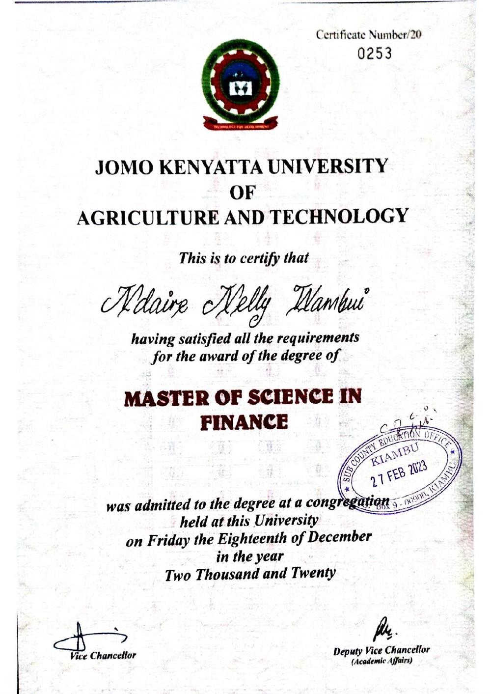 Диплом. Master of Science in Finance certificate