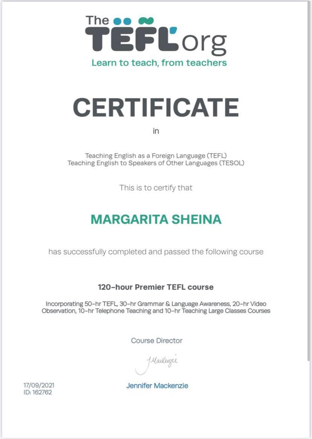 certificate TEFL 