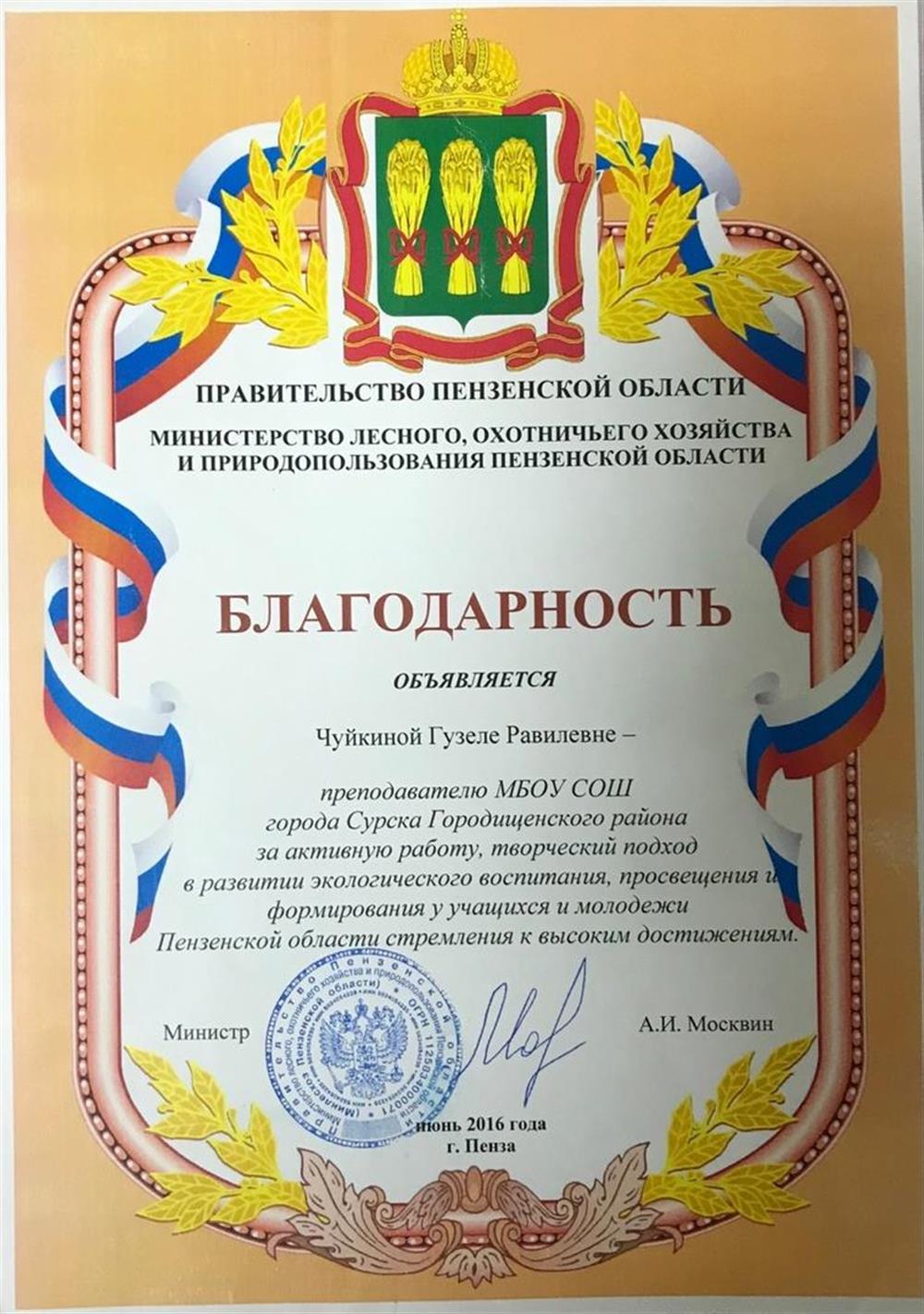 Благодарность правительства Пензенской области
