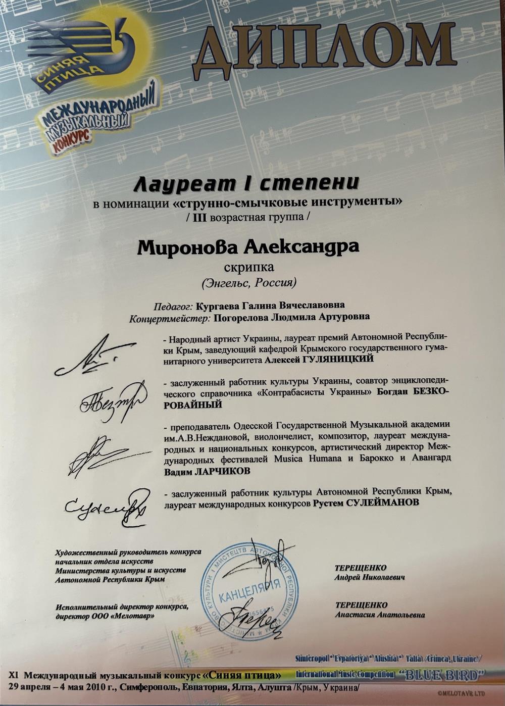 Диплом лауреата 1 степени. Международный конкурс «Синяя птица»