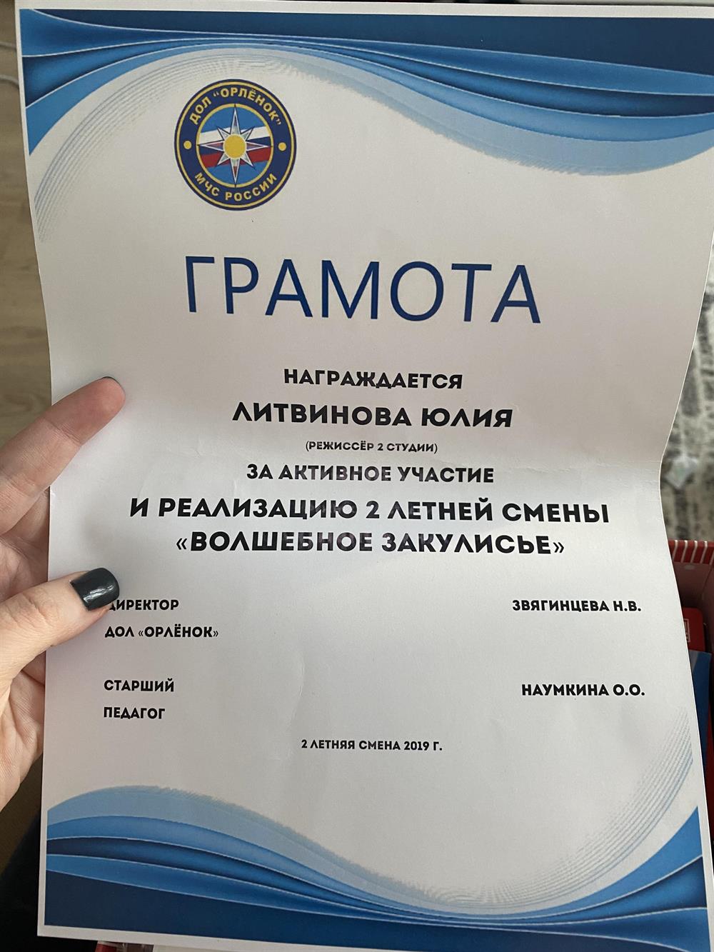 Грамота за успешное проведение смены в летнем лагере