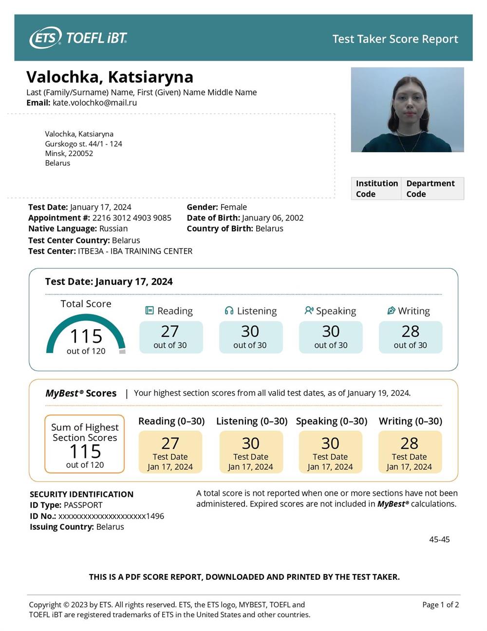 TOEFL score report