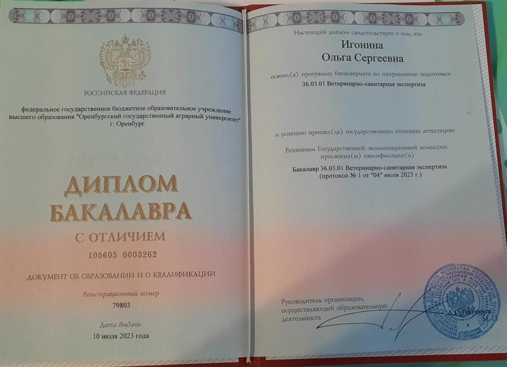 Диплом Бакалавра Оренбургского государственного аграрного университета