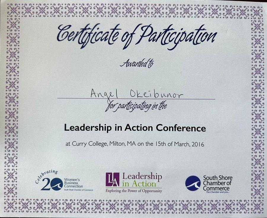 Сертификат. Curry College Leadership in Action Conference 