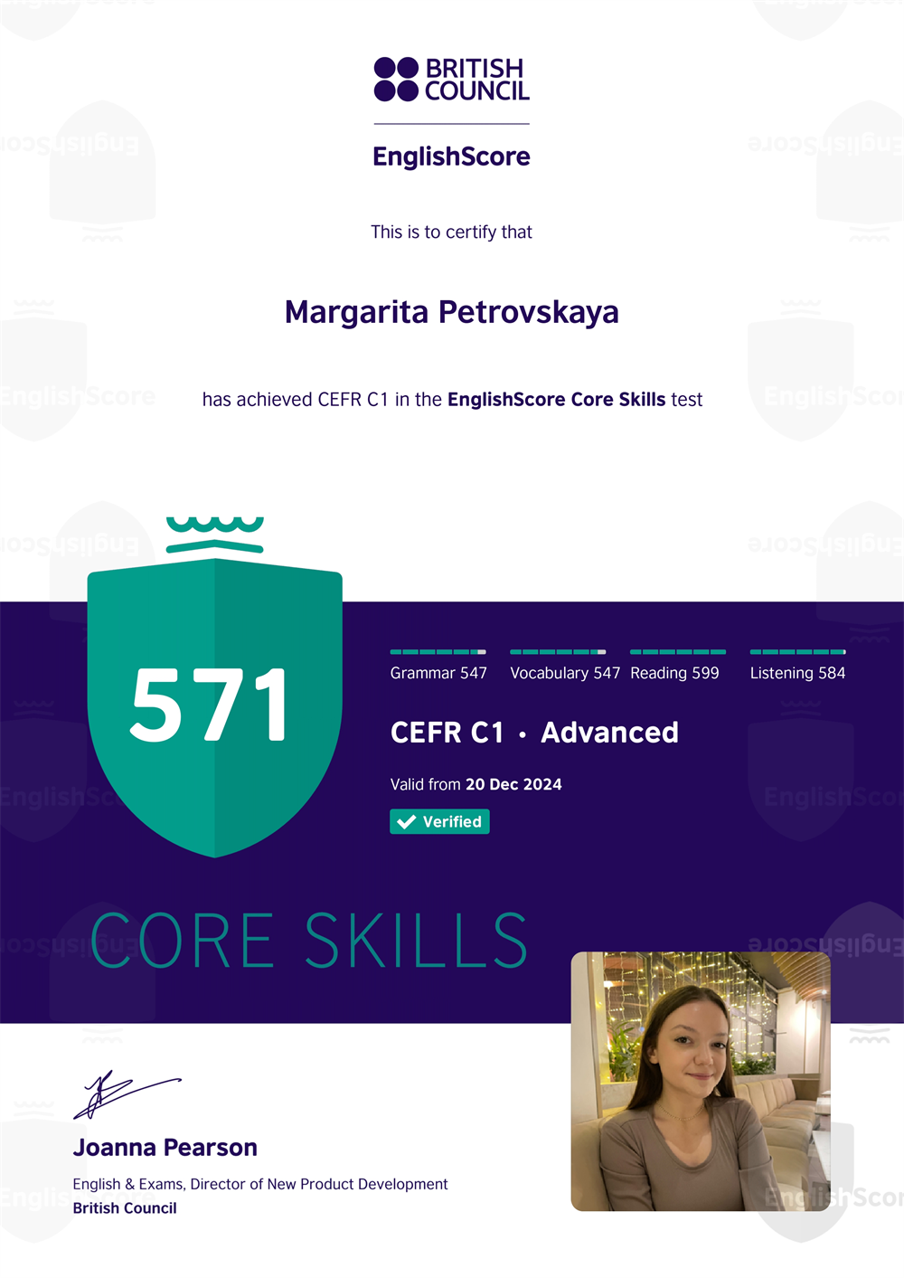 English score British Council certificate 