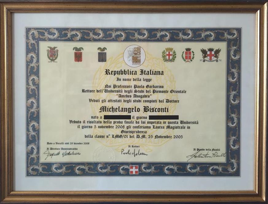 Диплом. Laurea in Giurisprudenza 