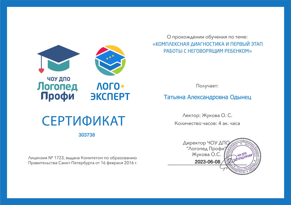 Сертификат. Комплексная диагностика и первый этап работы с неговорящим ребенком