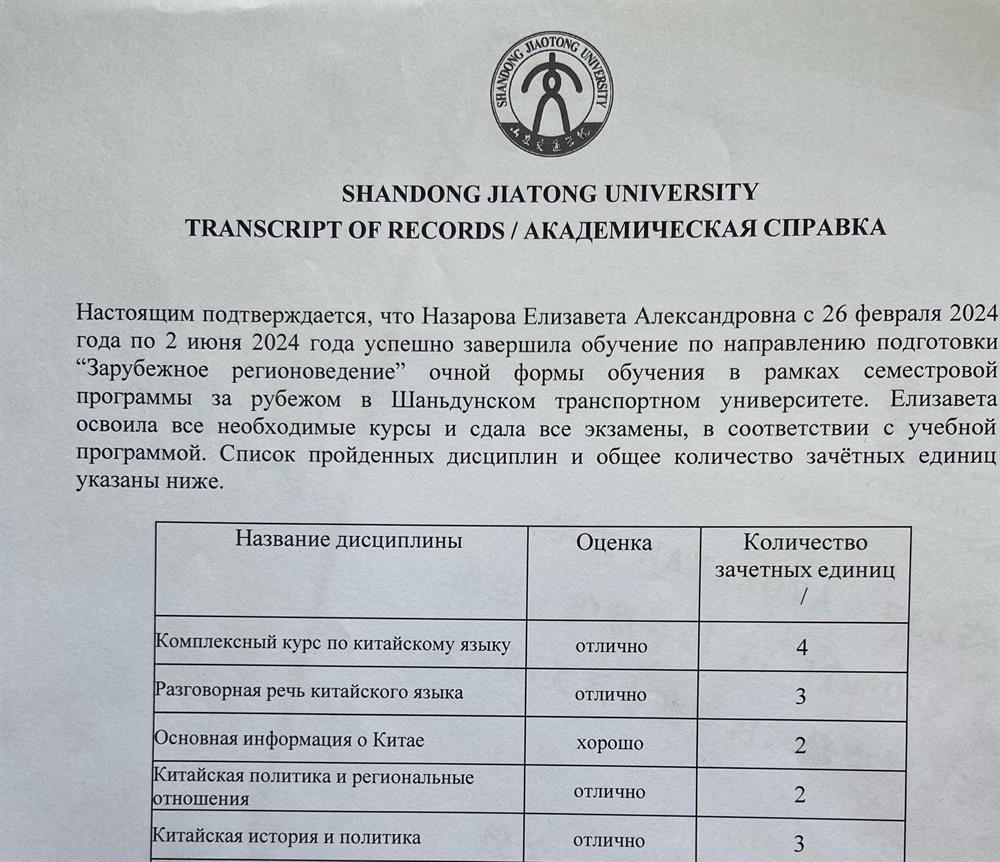 Академическая справка. Оценочный лист 