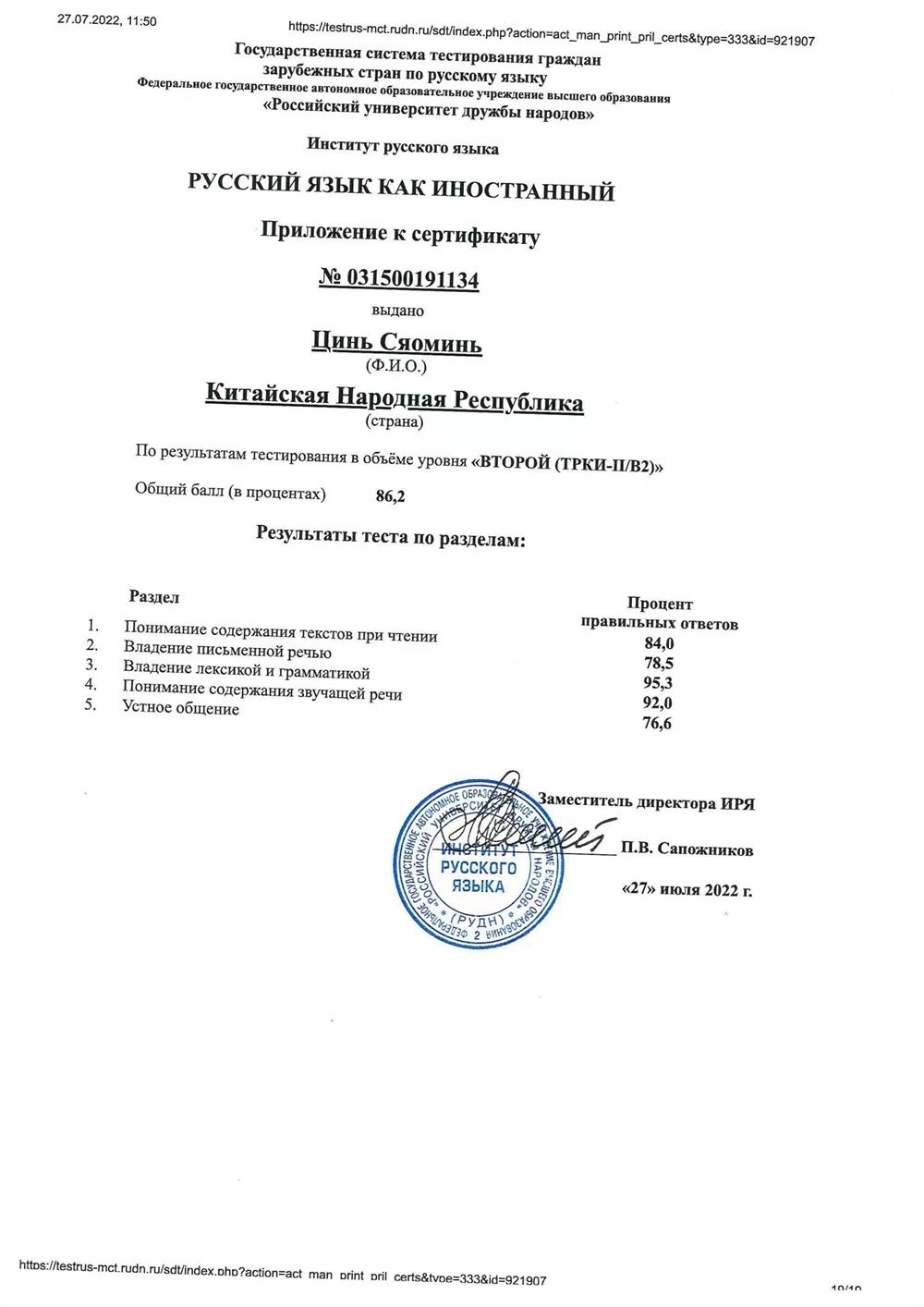 Приложение к сертификату В 2