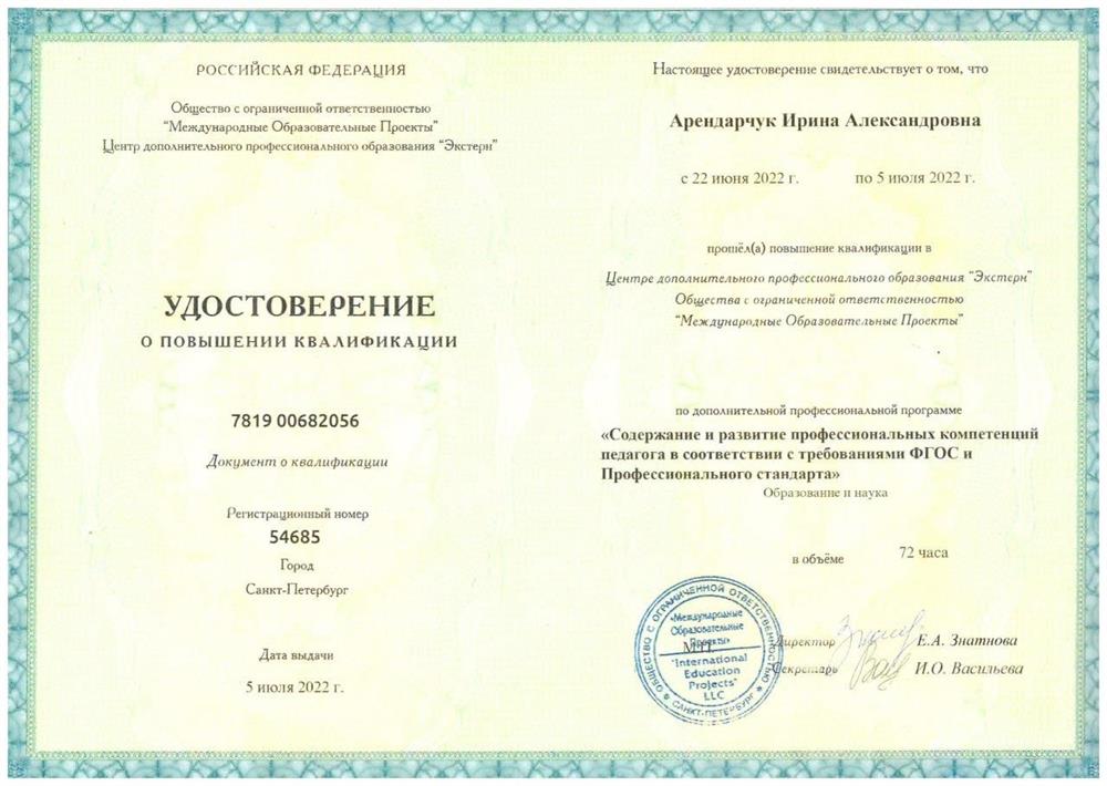 Удостоверение Содержание и развитие профессиональных компетенций педагога в соответствии с требованиями ФГОС