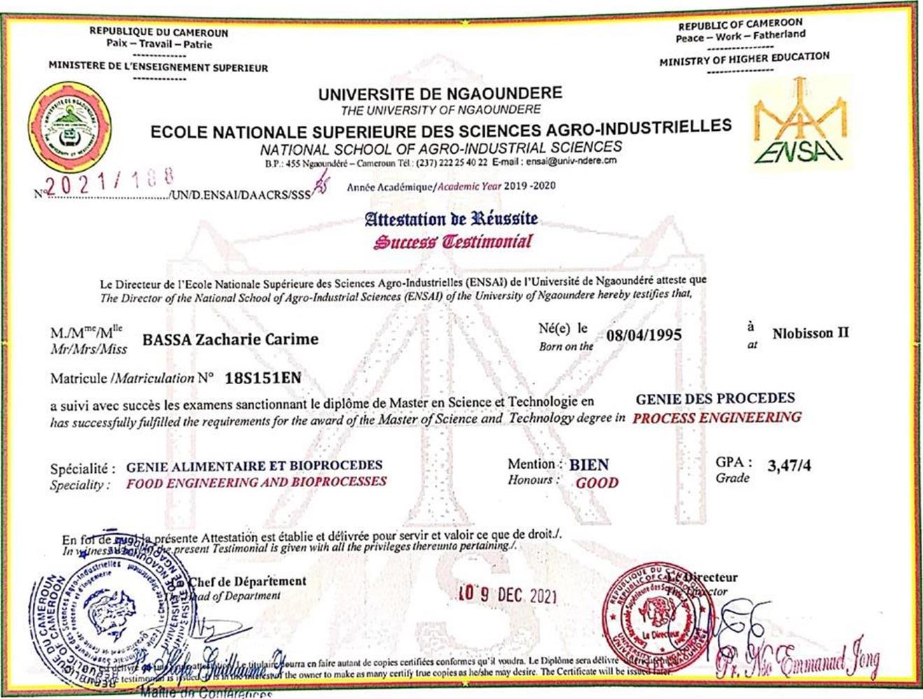 Attestation de reussite Master 2 