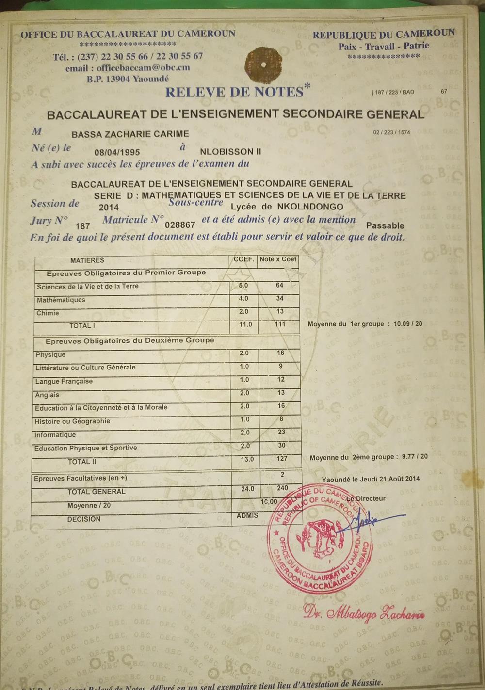 Baccalaureat d'enseignement secondaire general 
