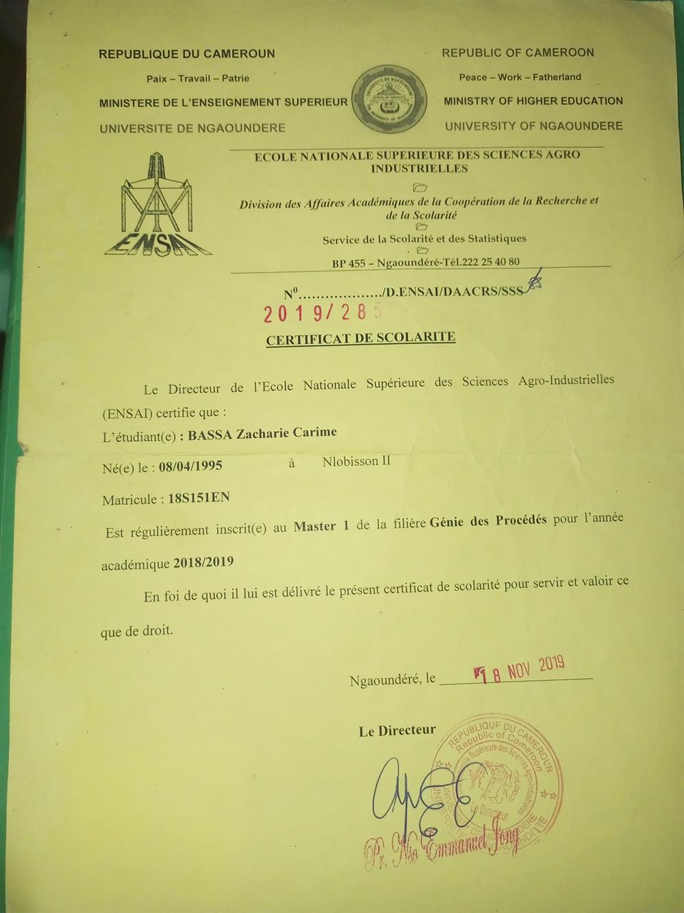 Certificat de scolarite 