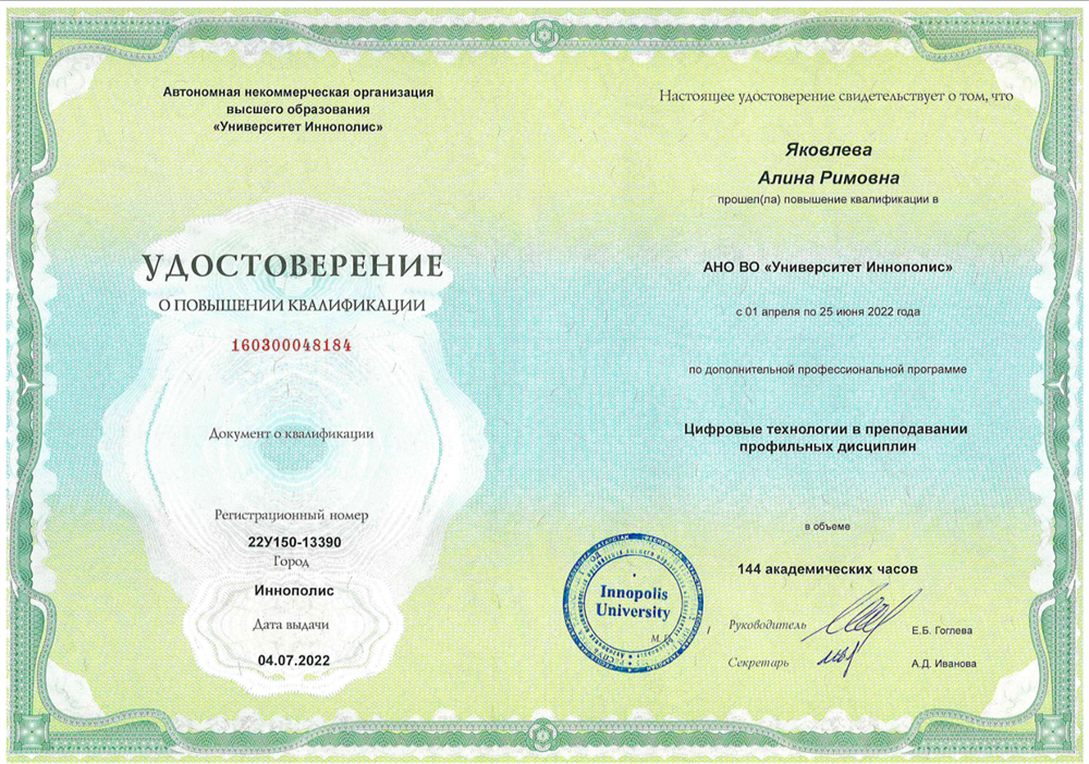 Удостоверение о повышении квалификации в университете "Иннополис"