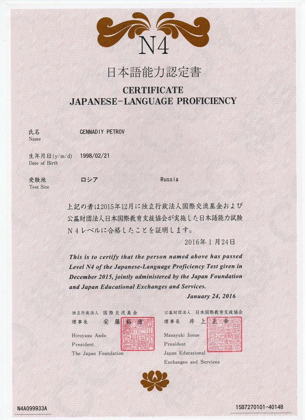 Сертификат об успешной сдаче уровня N4 экзамена JLPT (Москва, Россия)
