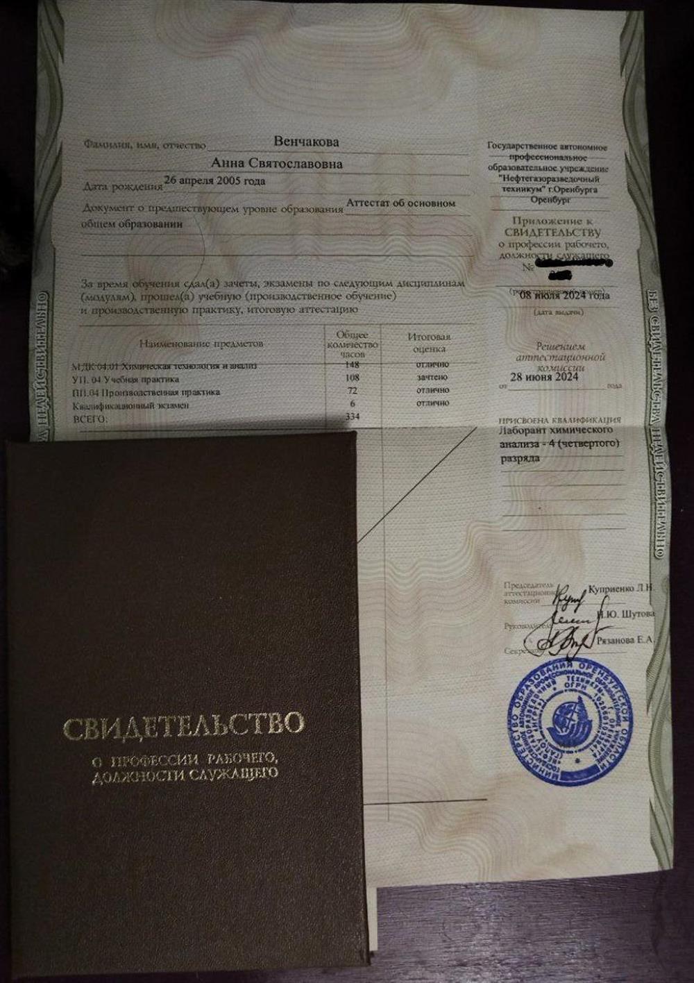Свидетельство о профессии рабочего, должности служащего (квалификация 4 разряд)