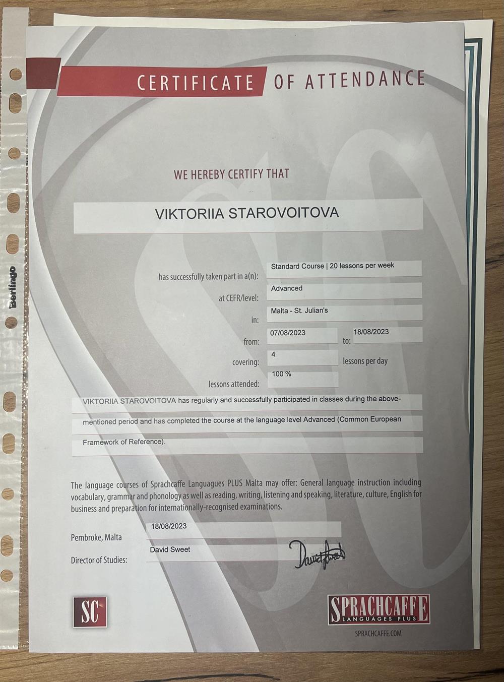 Языковая школа Sprachcaffe, Мальта, подтверждённый уровень Advanced