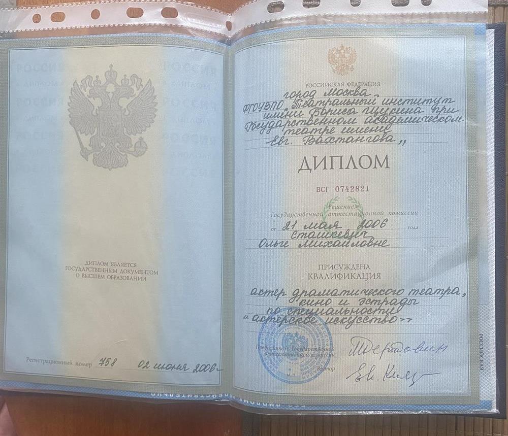 Диплом об окончании Т.И. Им. Щукина 