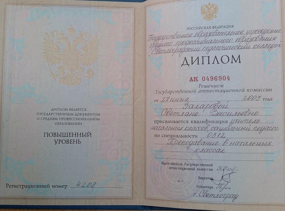 Диплом повышенного уровня о  присвоении квалификации учитель начальных классов