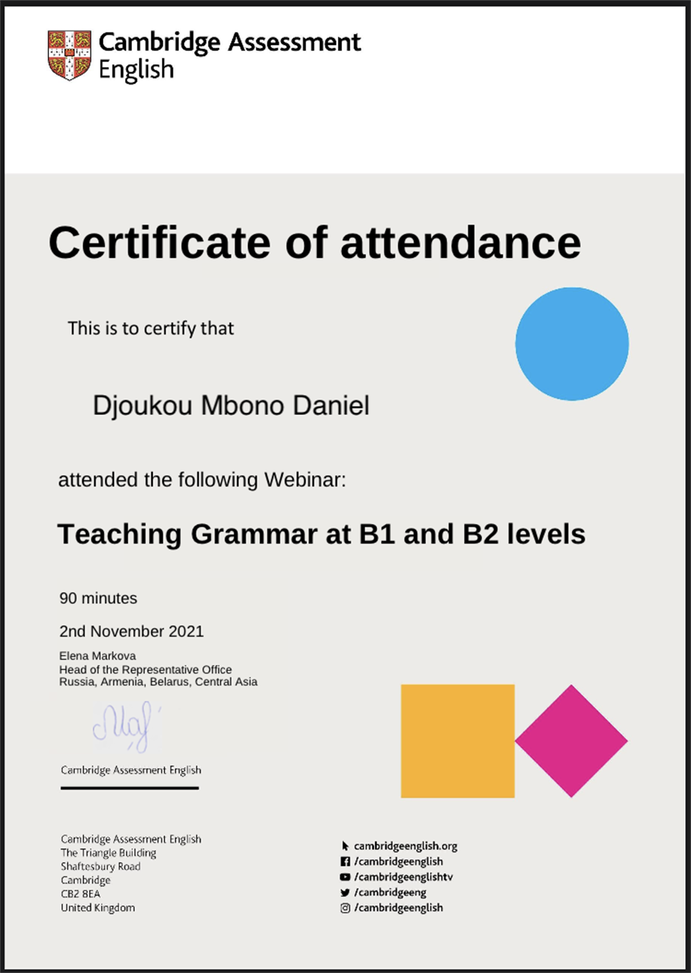 Сертификат. Cambridge Assessment English B1 & B2