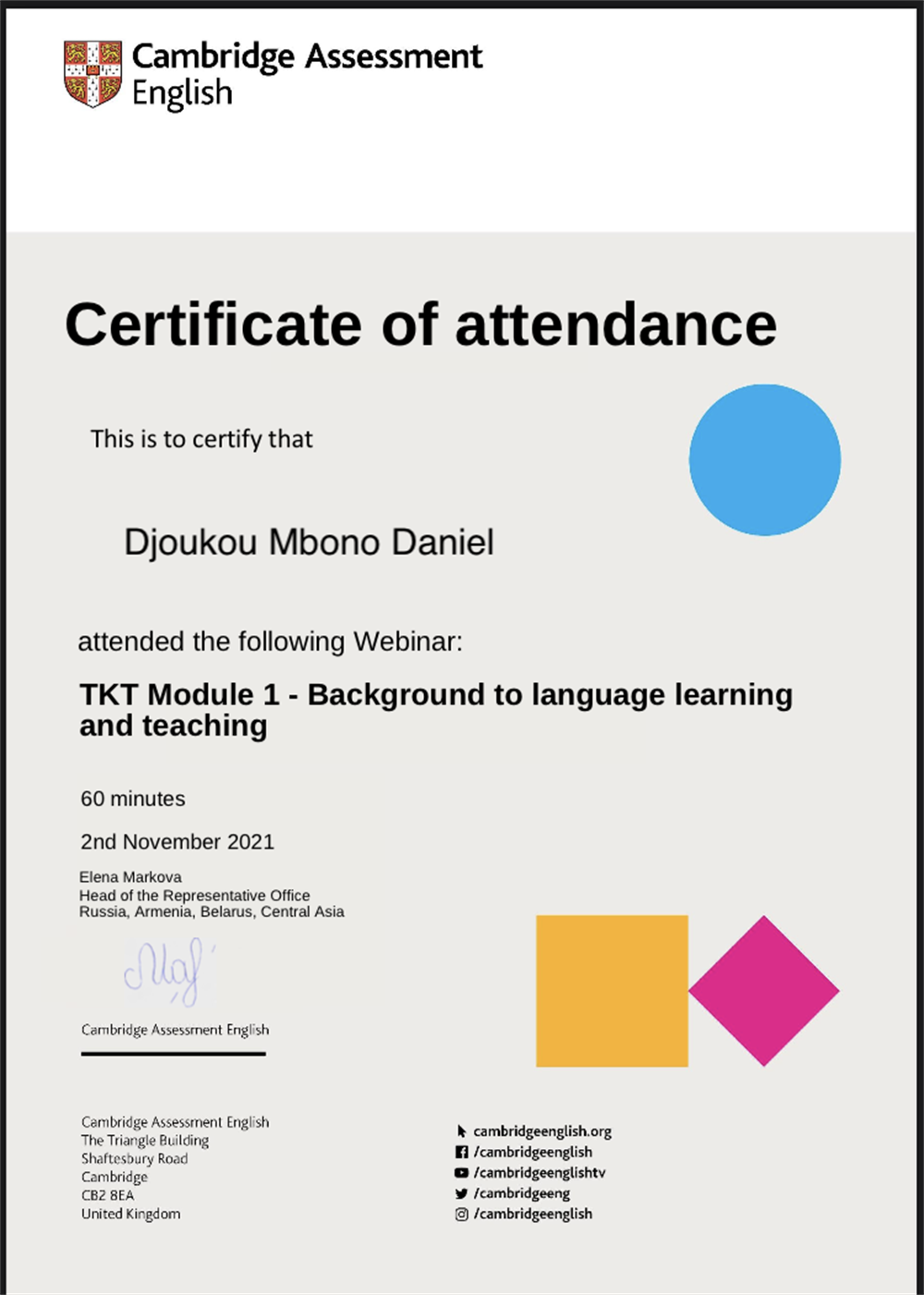 Сертификат. TKT Module 1 - Background to language learning and teaching